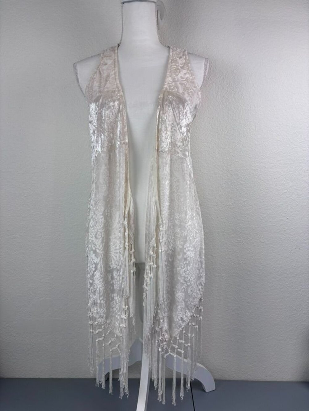 Daytrip women's small ivory velvet burnout sleeveless fringe boho festival vest